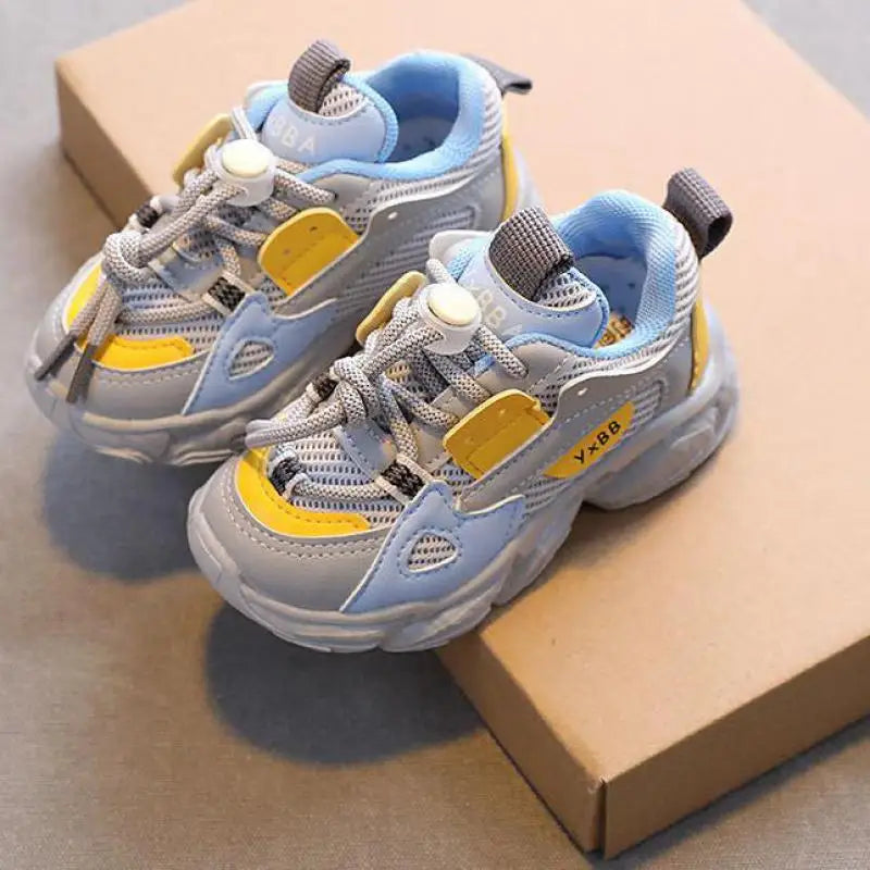 Breathable Mesh Kids Casual Sneakers Non-Slip Sport Shoes for Boys and Girls in gray blue and yellow