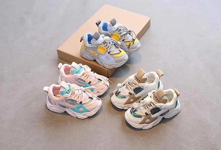 Breathable Mesh Kids Casual Sneakers Non-Slip Sport Shoes for Boys and Girls in blue, pink, and beige color options