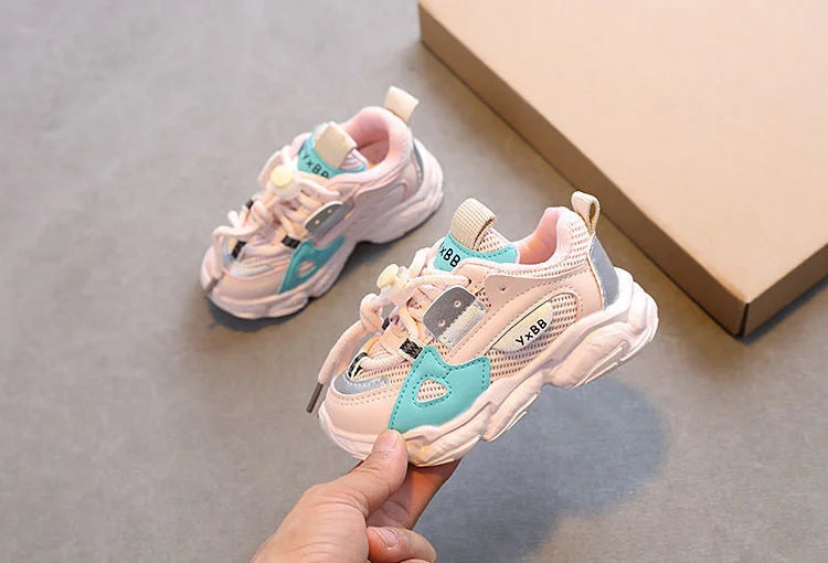 Breathable Mesh Kids Casual Sneakers Non-Slip Sport Shoes for Boys and Girls in pastel pink and teal colors