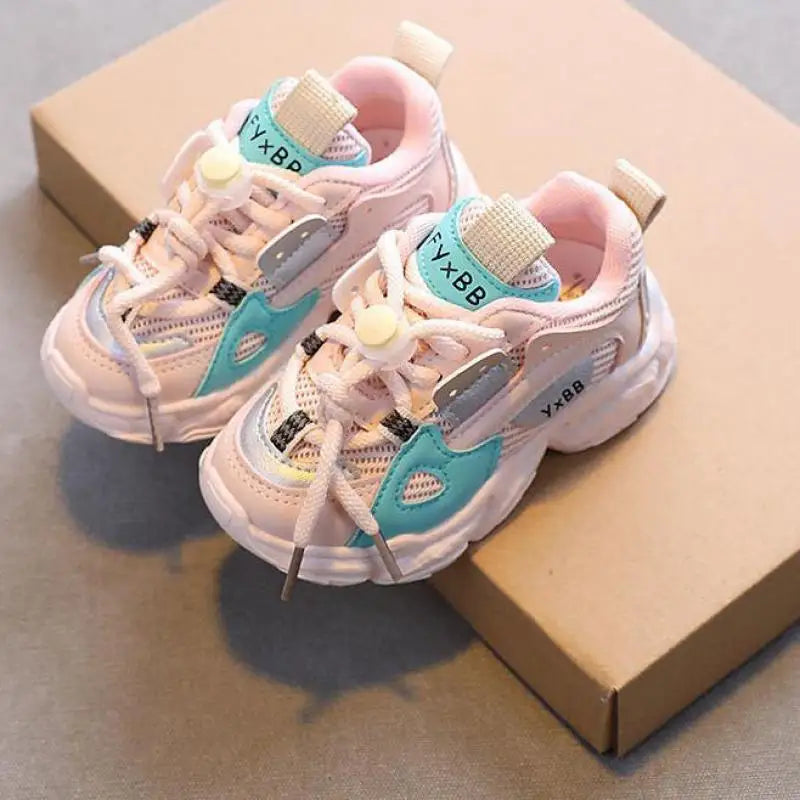 Breathable Mesh Kids Casual Sneakers Non-Slip Sport Shoes for Boys and Girls in pastel pink with blue accents