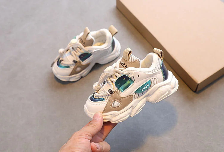 Breathable Mesh Kids Casual Sneakers Non-Slip Sport Shoes for Boys and Girls by Yamza Tots Closet in beige and white