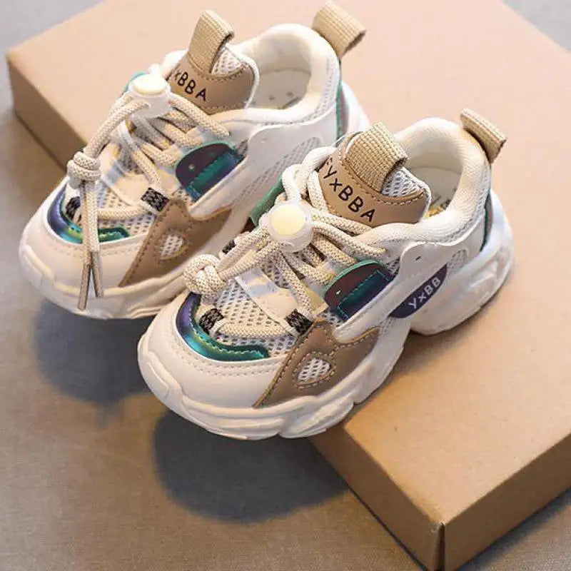 Breathable Mesh Kids Casual Sneakers Non-Slip Sport Shoes for Boys and Girls in beige and white with colorful accents